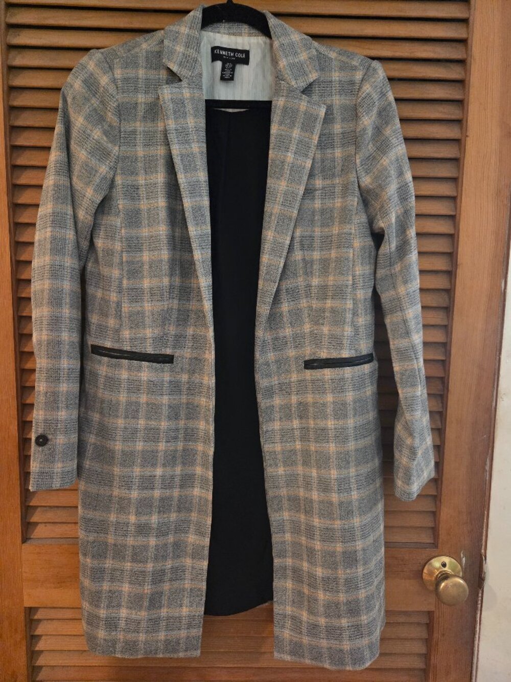 Plaid over coat with faux leather trim